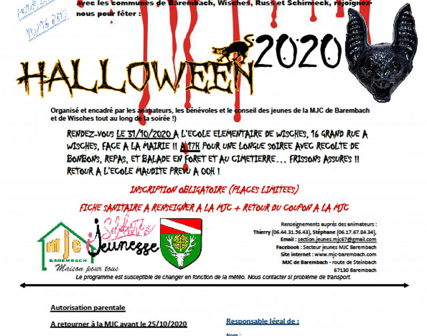 Inscription Solidarité Jeunesse. Coupon réponse “Soirée d’Halloween!” 31 Octobre 2020