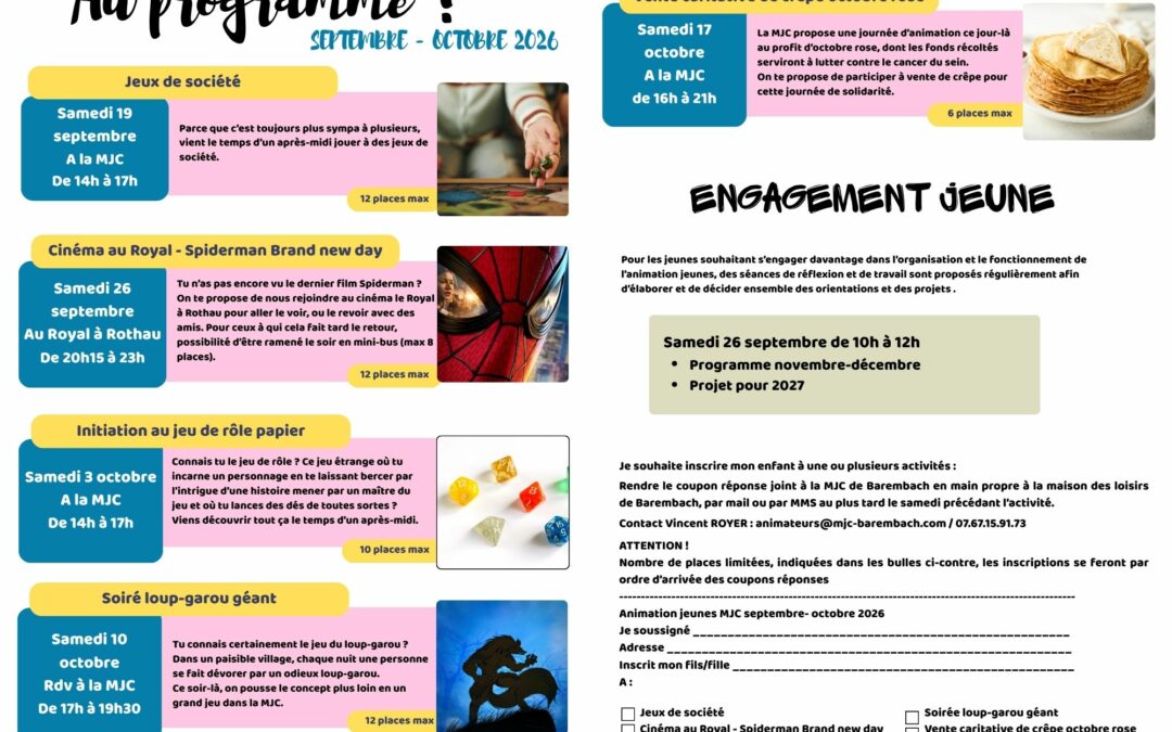 Le programme septembre-octobre des animations jeunesse est disponible